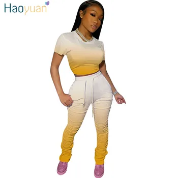 

HAOYUAN Gradient Two Piece Set Women Tracksuit Summer Clother Crop Top and Stacked Leggings Pants 2 Piece Outfits Sweat Suits