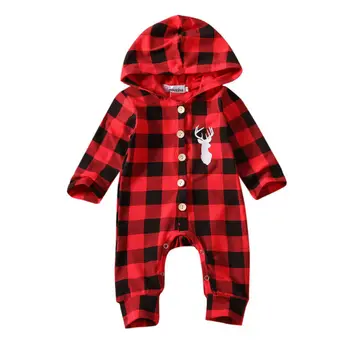 

Xmas 0-18M Kids Baby Girl Boy Deer Romper Long Sleeve Single Breasted Plaid Print Jumpsuit Playsuit Clothes Outfit