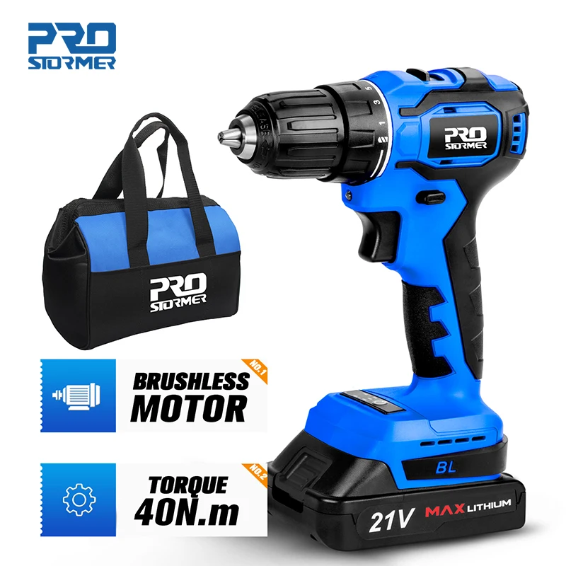 21V Brushless Electric Drill 40NM Cordless Screwdriver 2000mAh Battery Mini Electric Power Screwdriver Drill 5pcs Bit PROSTORMER