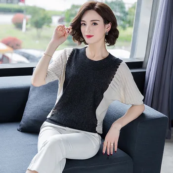 

2020 ladies round neck stitching short sleeve knitted T-shirt gray