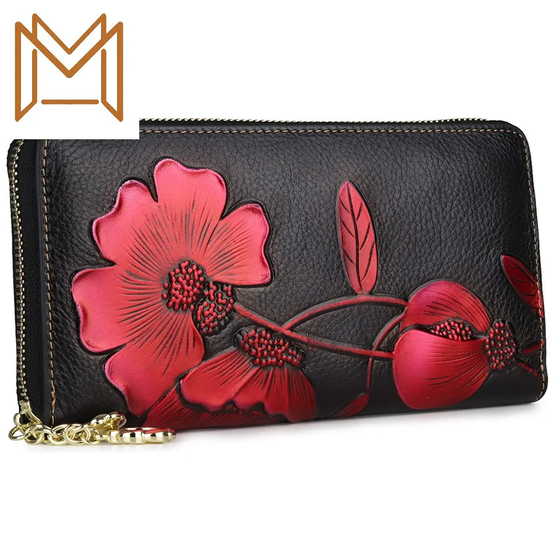 

Head Layer Cowhide Personality Hand Package 2019 Function Wallet Woman Long Genuine Leather Zipper Wallet