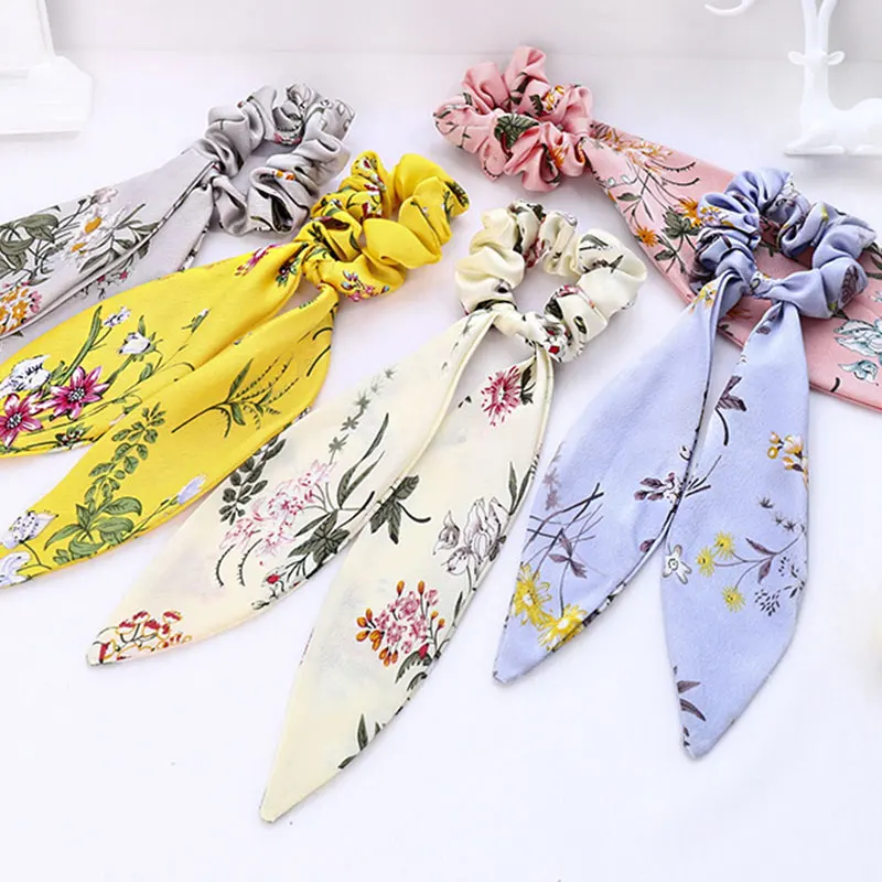 

Woman hair ribbon bow Fashion Elastic bands for girls Floral Chiffon hair ties scrunchies Long hair accessories for Women 2020