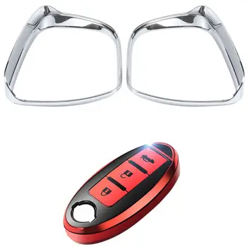 

Car Rearview Mirror Decorative Frames with Car Key Case TPU All Inclusive Three Button Key Protector Cover