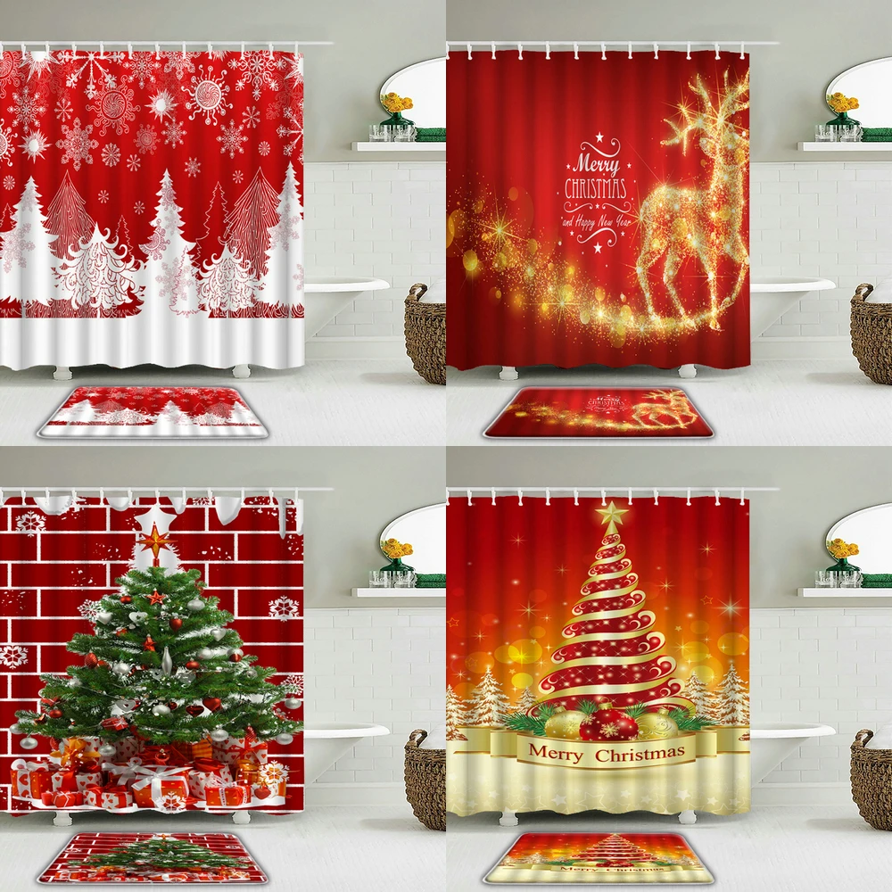 

Christmas Shower Curtain Set With Non-Slip Mat Toilet Bath Mat Xmas Happy New Year Santa Claus Festival Decor Bathroom Curtains
