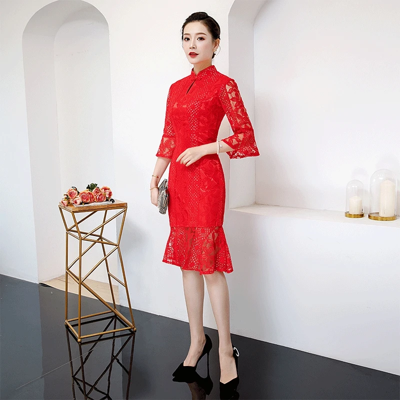 Красное летнее платье до колена Cheongsam, сексуальное платье в китайском стиле, женское кружевное платье Qipao, тонкое вечернее платье, женская пуговица, Vestido, S-4XL