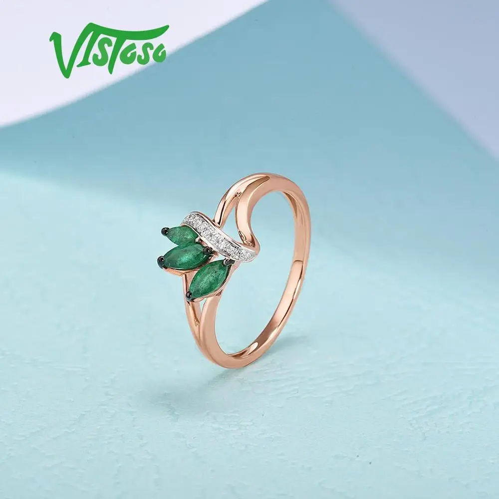 VISTOSO Gold Rings For Women Genuine 14K 585 Rose Gold Ring Magic Emerald Sparkling Diamond Engagement Anniversary Fine Jewelry 6