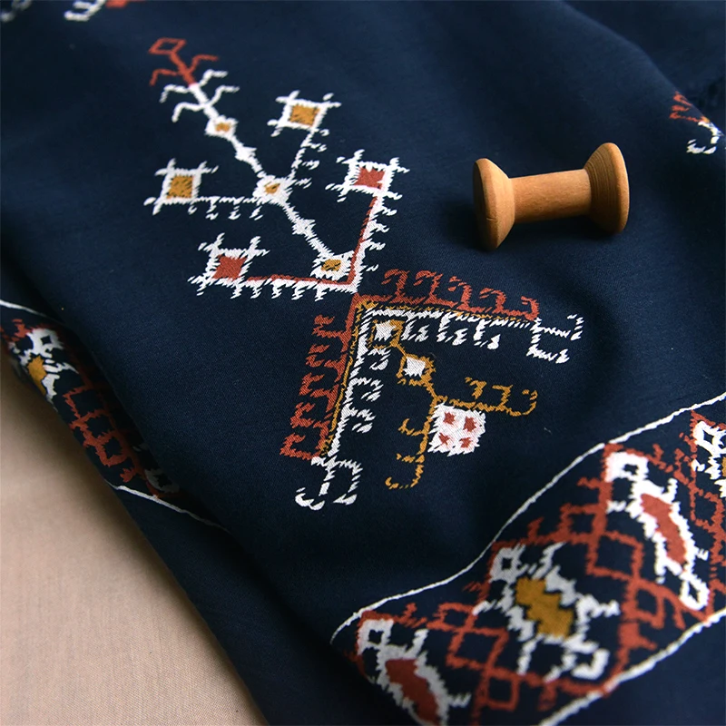 Этнический стиль синий узор двустороннее позиционирование плиссированный хлопок тканевый платок платье рубашка на ткани одежды