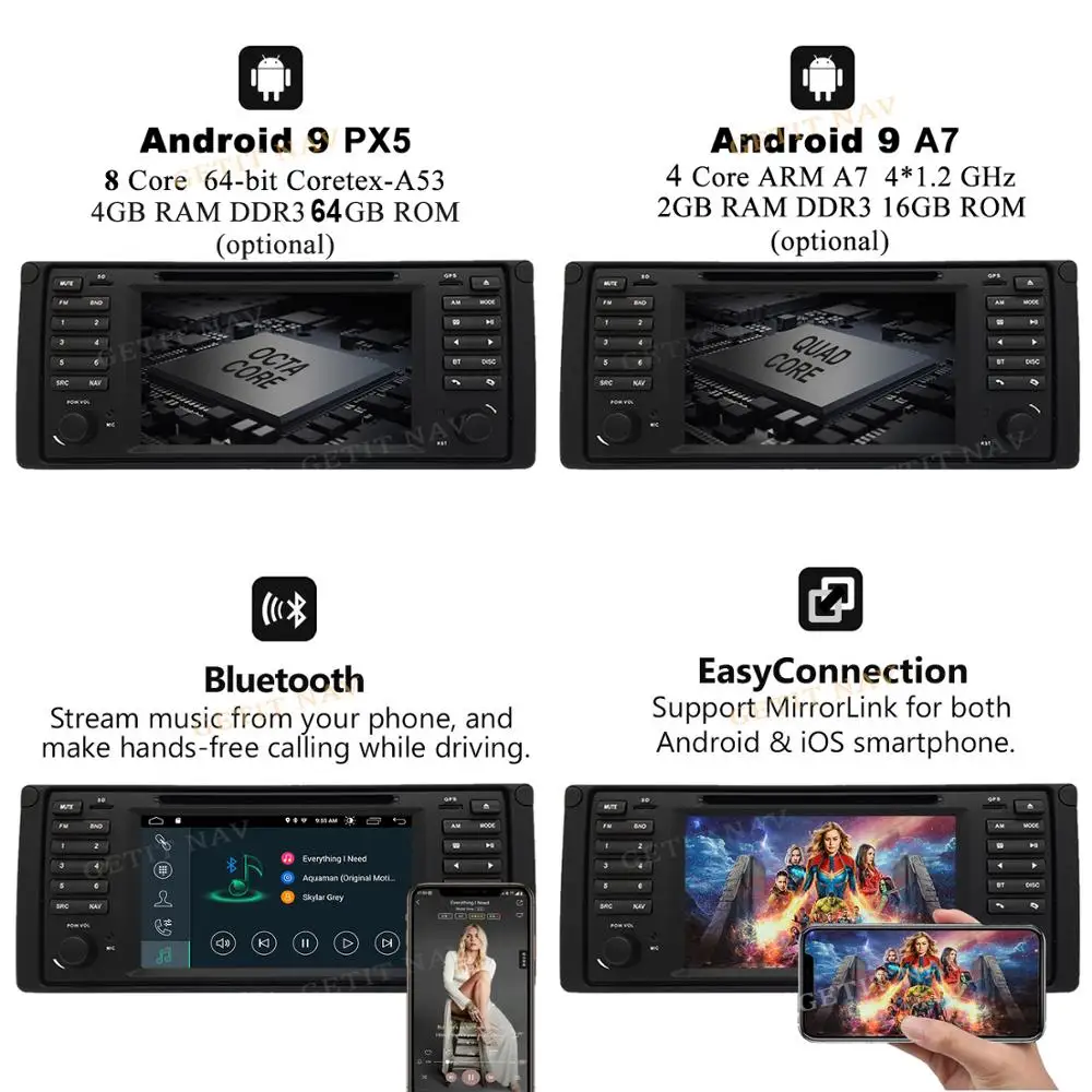 Best DSP Chip Android 9.0 Car Stereo DVD Multimedia Player for BMW E39 With BT Wifi Radio GPS Navigation 7