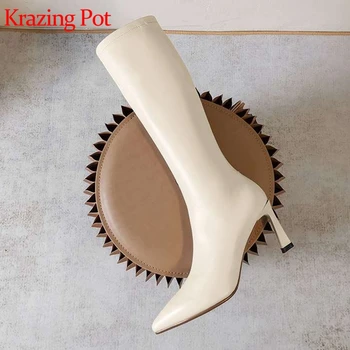 

Krazing pot stretch fabric pointe toe high heels street fashion gladiator winter shoes all-match modern thigh high boots L8f2