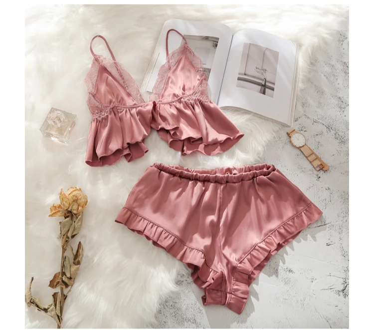 Без рукавов нижнее белье Babydoll Ночное белье шорты одежда для сна, пижамный комплект из 2 предметов Для женщин женские однотонный Атлас Кружева сексуальное