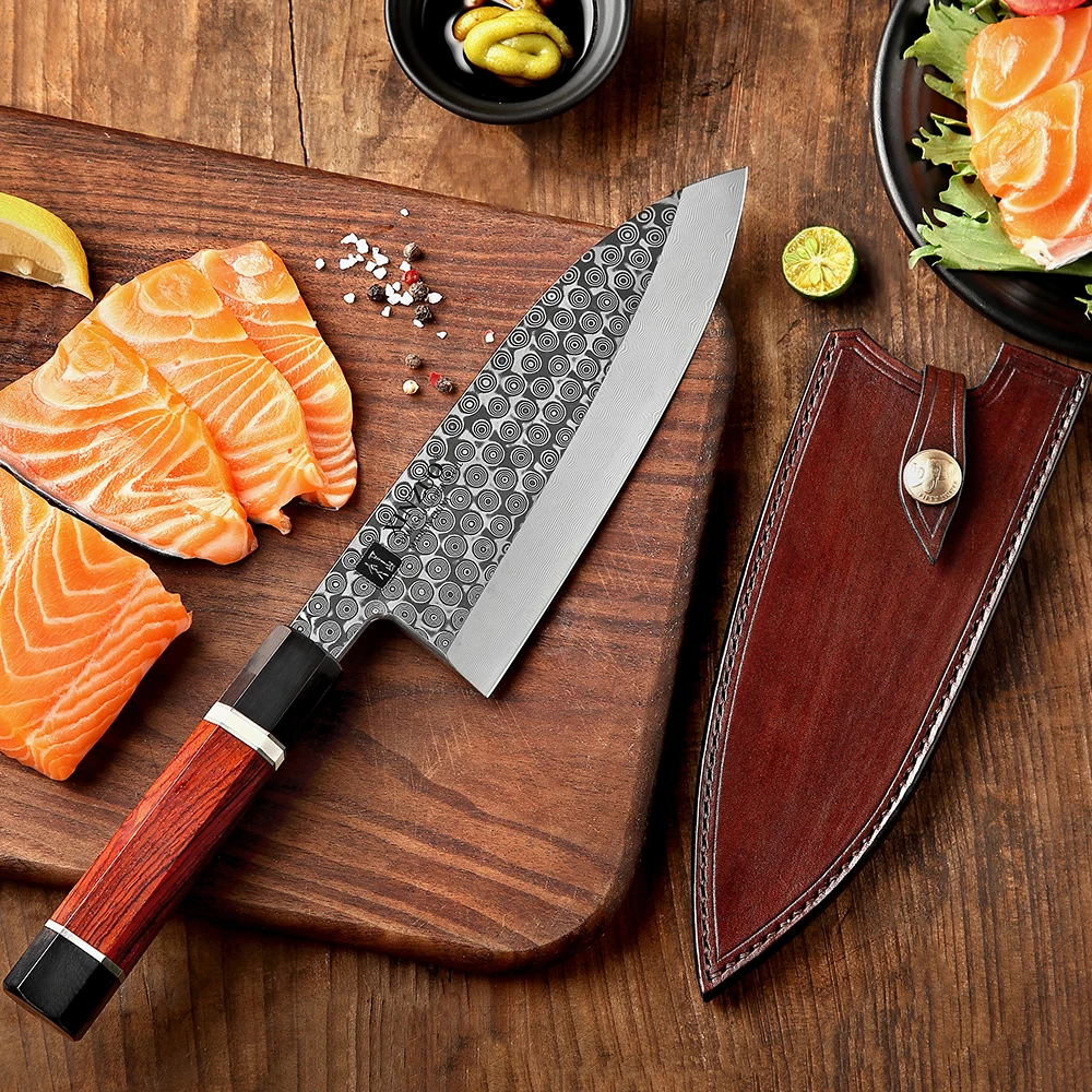 XINZUO Pro 180 мм нож Gyuto с кожаной оболочкой высокоуглеродный 110 слоев Дамаск 60 ± 1 HRC Deba