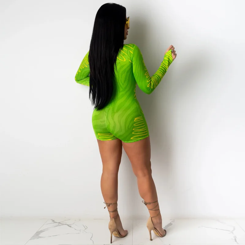 Stand Collar Print Summer Sexy Bodycon Rompers Womens Jumpsuit Playsuit Zipper Skinny Long Sleeve Ladies Short Jumpsuit Female