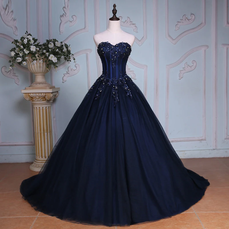 Princess Ball Gown Quinceanera Dresses Elegant Navy Blue Masquerade Sweet 16 Dress Crystal Plus Size vestidos de 15 anos