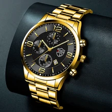 

Luxury Mens Gold Stainless Steel Watches Fashion Men Business Leather Quartz Watch Man Calendar Luminous Clock relogio masculino