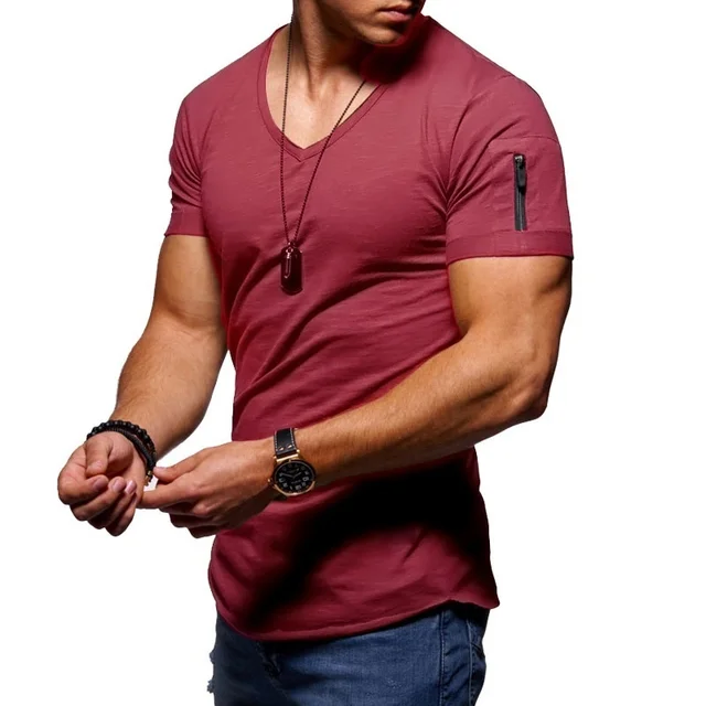 2022 New Men's V-neck T-shirt Fitness Bodybuilding T-shirt High Street Summer Short-Sleeved Zipper Casual Cotton Top Red wine