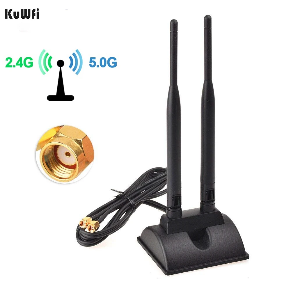 BLACK KuWfi External Wifi Antenna 6dBi Dual Band 2.4G&5G Magnetic Base RP-SMA Antenna for TP-LINK ASUS NETGEAR Linksys D-Link Router - Цвет: BLACK