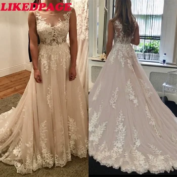 

LIKEDPAGE A Line O Neck Wedding Dresses 2020 Lace Applique Sleeveless Vestido De Noiva Custom Made Bridal Dress Back Button