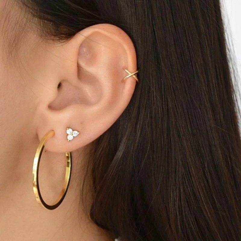 

4 Pcs/ Set Simple Gold Earrings Set Women Round Triangle Cross Gold Gem Crystal Earring Fashion Lady Party Clothing Accessories
