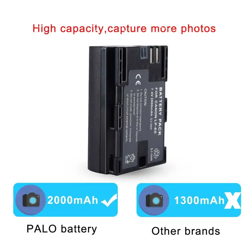 PALO 2PCS 2000mAh LP E6 E6N Аккумулятор для камеры Canon EOS 5DS 5D Mark II III 6D 7D 60D 60Da 70D 80D DSLR 5DSR|battery for