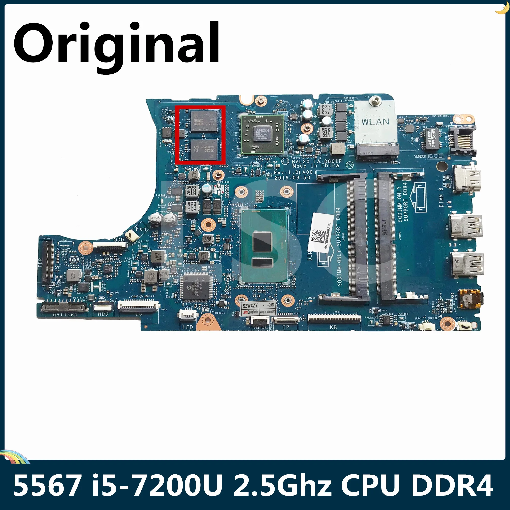 СОП для DELL Inspiron 5567 5767 Материнская плата ноутбука CN-0Y8N7H 0Y8N7H Y8N7H I5-7200U 2 5 ГГц BAL20 LA-D801P