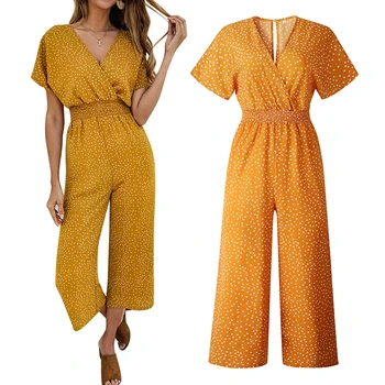 

Women Jumpsuits Rompers Summer Casual Print V-neck Pocket Overalls Jumpsuit Short Sleeve Wide Leg Loose Jumpsuit