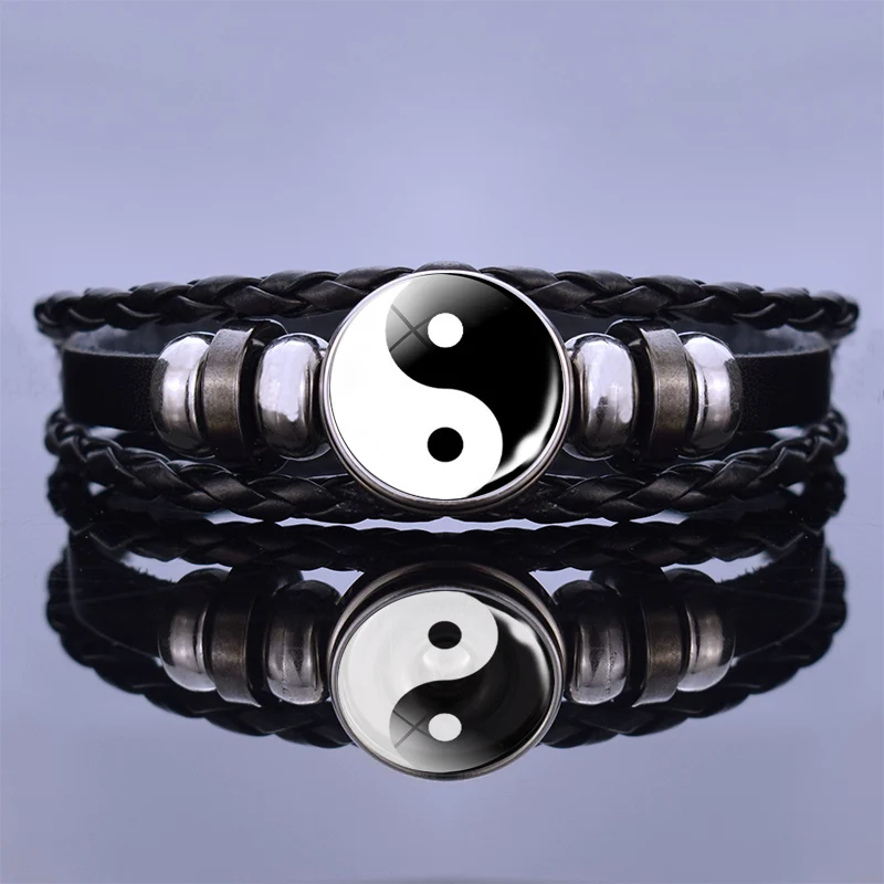 Браслет Yin Yang Cat плетеный стеклянный кабошон многослойный черный кожаный браслет
