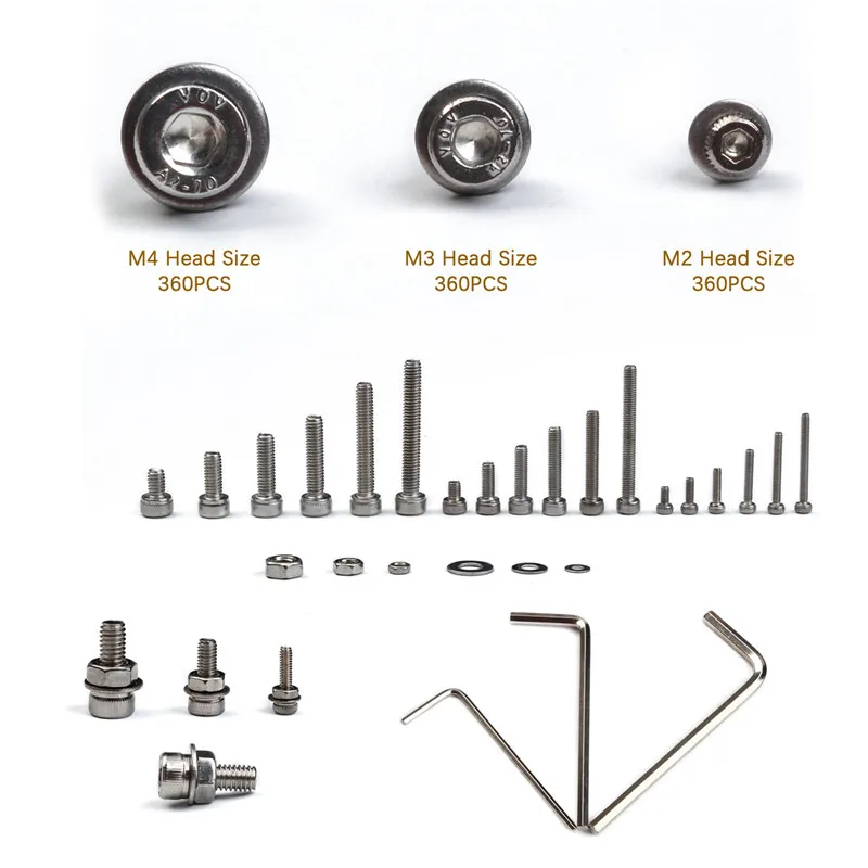 1080 шт. крепежные детали из нержавеющей стали M2/M3/M4 с шестигранной головкой Винты с плоской шайбой с 3 гаечными гайками набор