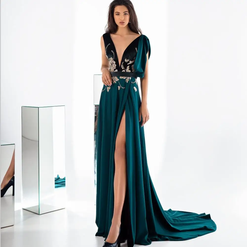 

Dark Green Evening Dresses Deep V Neck Beads High Side Split Women Receiption Gowns Custom Made Sexy Prom Dress