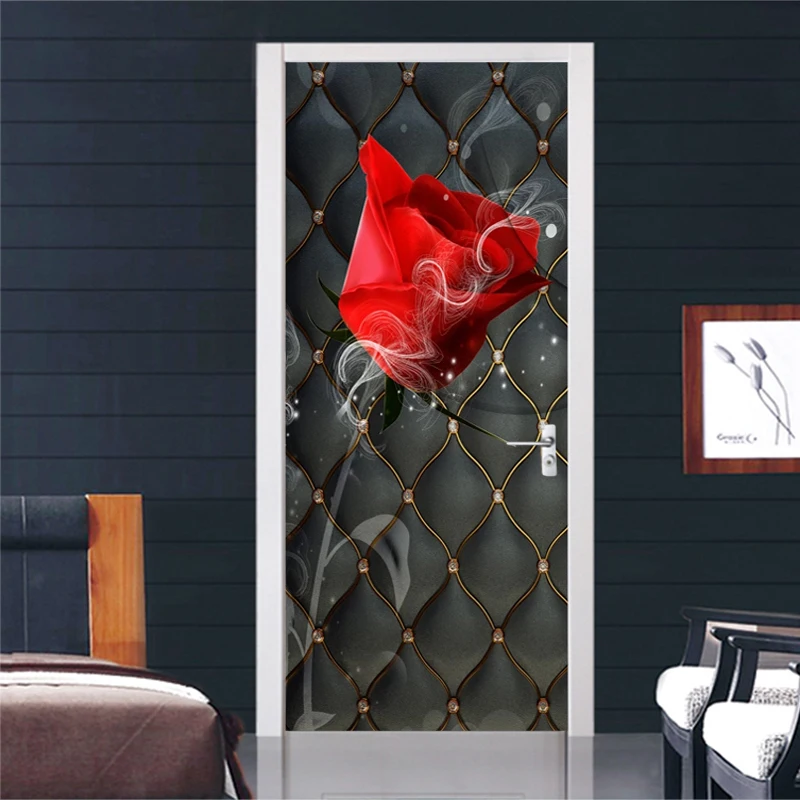 PVC Self-Adhesive Waterproof Wallpaper 3D Rose Black Soft Roll Door Sticker Living Room Bedroom Home Door Poster Creative Decals self adhesive alloy metal ticket clip rod paper clip bill rail hanger for poster flag strip