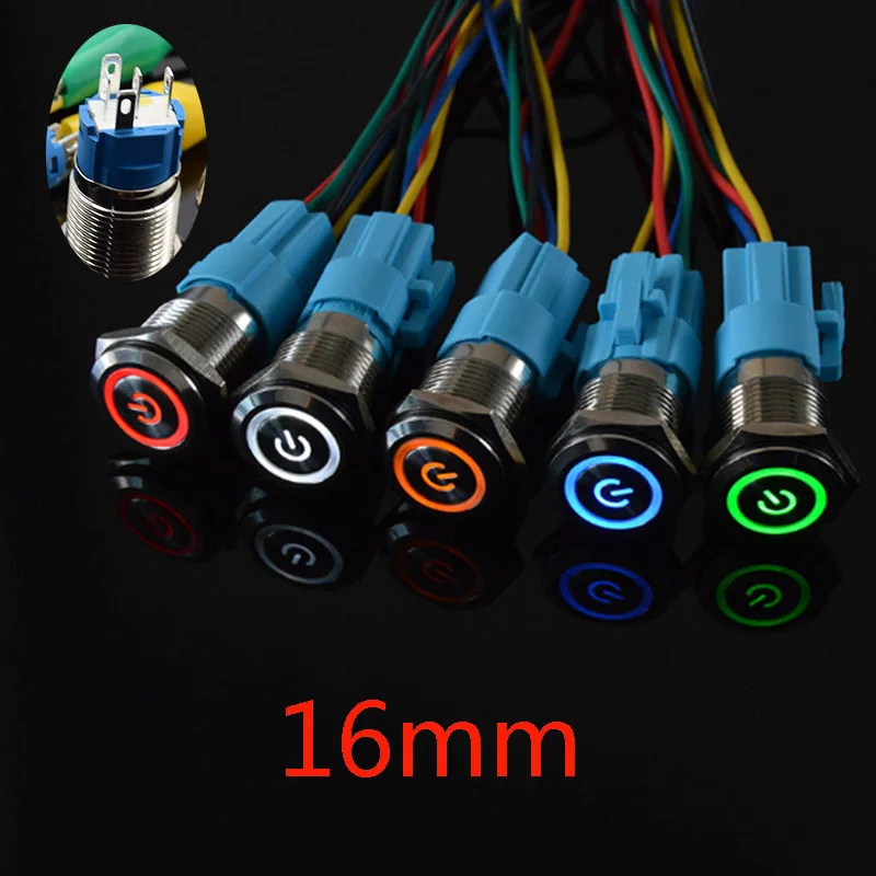 16mm Waterproof 9-24V LED 5Pin ON-OFF Car Push Button Switch maintained White