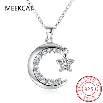 

MEEKCAT 925 Sterling Silver Crescent Moon Necklaces For Women Zirconia Star Pendants Choker Accesories Fine Jewelry