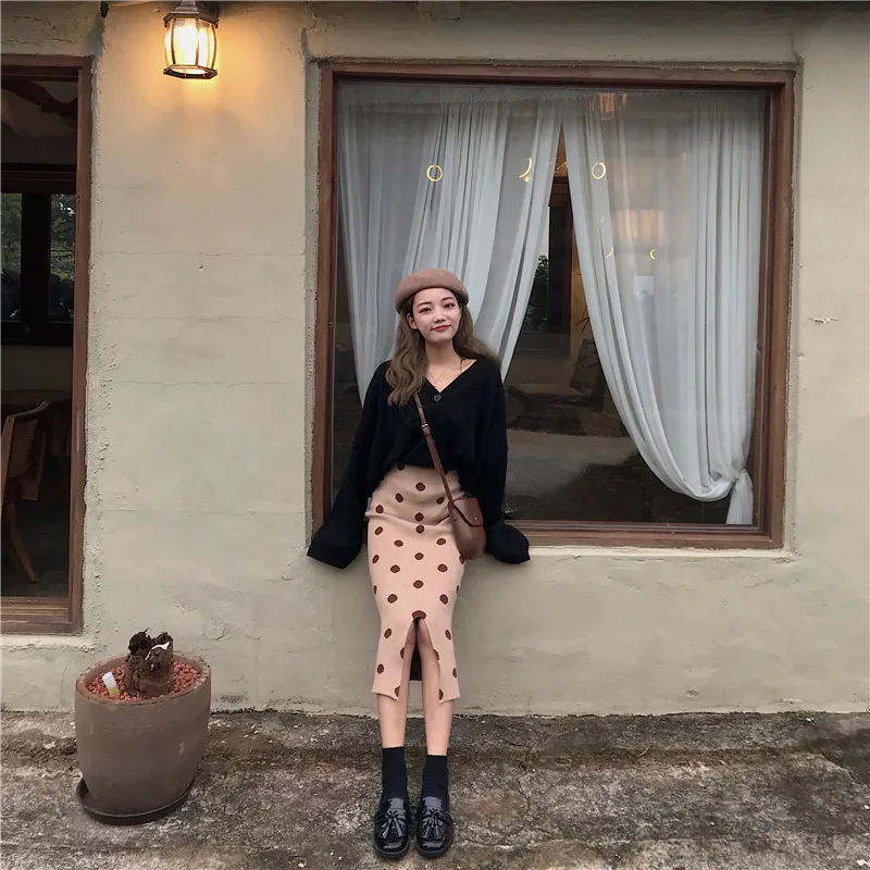 RUGOD Korean Style Dot Skirts High Elastic Waist Dot Split Skirts Knitted Stright Skirts Casual Lady Autumn And Winter