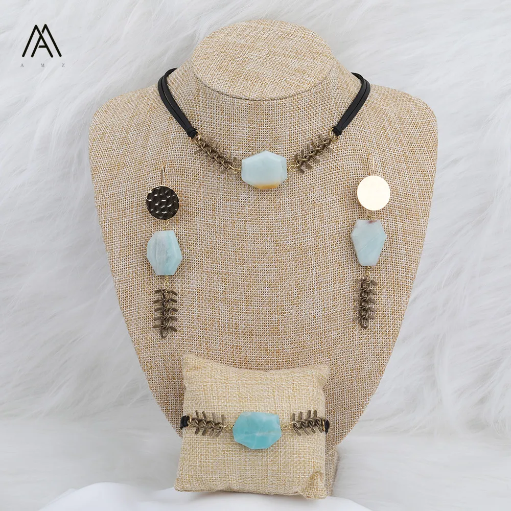 

Natural Amazonite Stone Slice Beads Leather Earrings/ Choker Necklace/Bracelet For Women Engagement Jewelry Sets Gift N0028AMCB