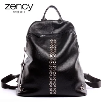 

Zency Classic Black Women Backpack With Rivets 100% Genuine Leather Daily Casual Travel Bag Large Capacity Schoolbag For Girls