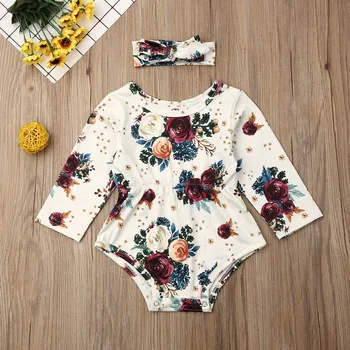 

Pudcoco Newborn Baby Girl Clothes Flower Print Long Sleeve Cotton Romper Jumpsuit Headband 2Pcs Outfits Clothes