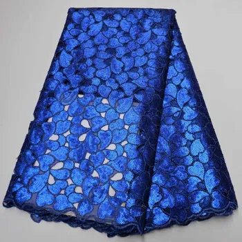 

Nigerian Sequins Lace Fabric Most Popular Dress African Tulle Mesh Lace Fabric Sequins High Quality Royal Blue For Party 5Yards