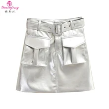 Женская юбка из искусственной кожи с большими карманами и высокой талией; модная короткая юбка; сезон осень-зима; юбки; уличная одежда; Yuxinfeng