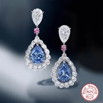 Luxury Female Blue/PInk Water Drop Earrings Fashion 925 Sterling Silver Zircon Stone Earrings Long Tassel Earrings For Women