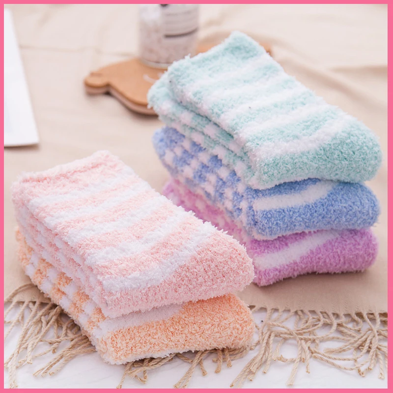 

Coral Fleece Medium Tube Floor Socks Winter Thick Stripes Cute Ladies Keep Warm Casual Comfortable Beautiful Candy Color Fashion