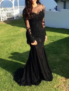 

Illusions Long Sleeves Mermaid Formal Evening Dress Robe Sirene Longue De Soiree Abendkleider Sequin Appliques Lace Party Gowns