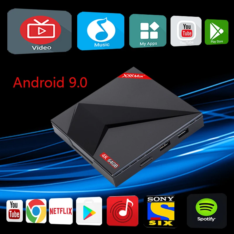 X88 MAX 4K Smart Set Top Box Android 9.0 TV Box 4GB RAM 64GB ROM RK3318 Quad Core TYPE-C 2.4G/5Ghz Dual WiFi BT4.0