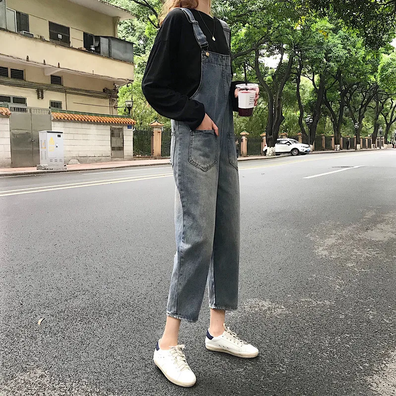 Hong Kong Flavor Loose-Fit Slimming Cowboy Suspender Pants Spring New Style WOMEN'S Dress College Style Retro Casual Wide-Leg On