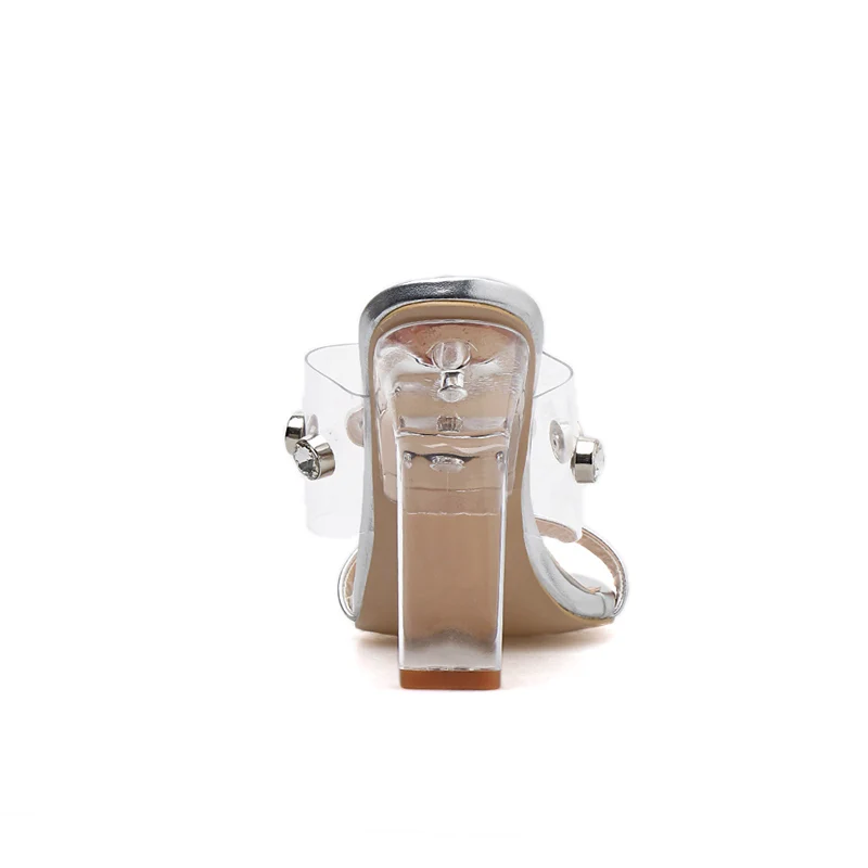 Стиль летние Для женщин с украшением в виде кристаллов на высоком каблуке(12 см); тапочки шлепанцы женские Сандалии со стразами блок прозрачные туфли-лодочки на каблуках; обувь серебристого цвета