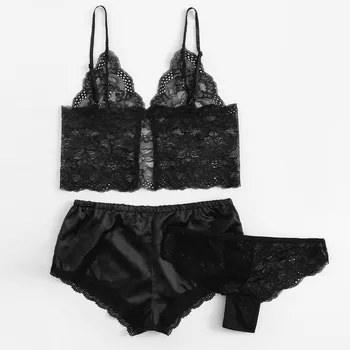 

2S#3PC Women Sexy Lace Camisole Satin Shorts + Thong Set Sleepwear Pajamas Lingerie 2019 Women's Sexy lingerie Bra Set
