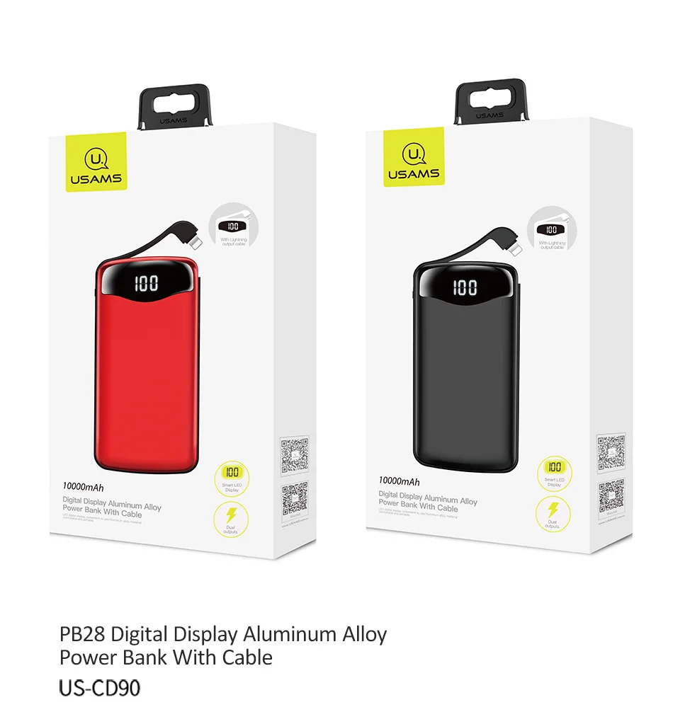 USAMS power Bank 10000 мАч светодиодный дисплей Быстрая зарядка банк питания для usb-кабель для iPhone портативное зарядное устройство повербанк для iPhone samsung