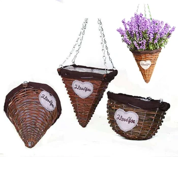 

1PC Hanging Flower Basket Wall Fence Hanging Planter Plant Flower Pot Handmade Rattan Basket