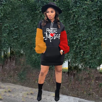 

New Fall Winter Women's Sweatshirt Mini Dresses Letter Print Hooded Lantern Patchwork Long Sleeve Sweatshirts Hoodies Dress