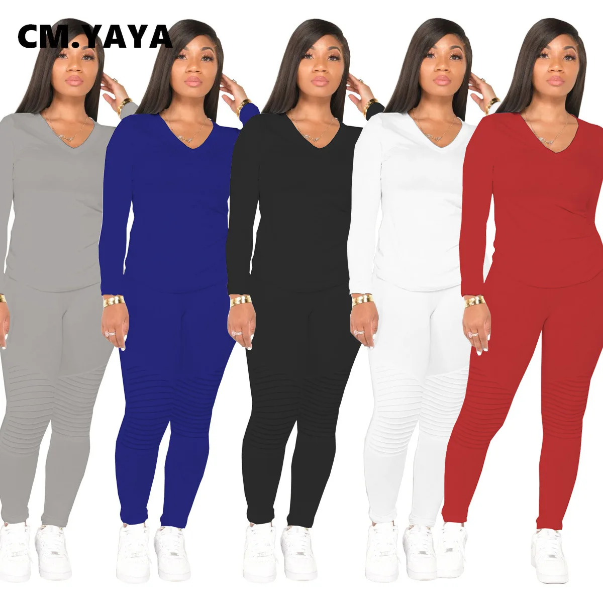 CM.YAYA Sportwear Solid Sweatsuit Women's Set V-neck Long Sleeve Tops Legging Pants Active Tracksuit Two Piece Outfit |