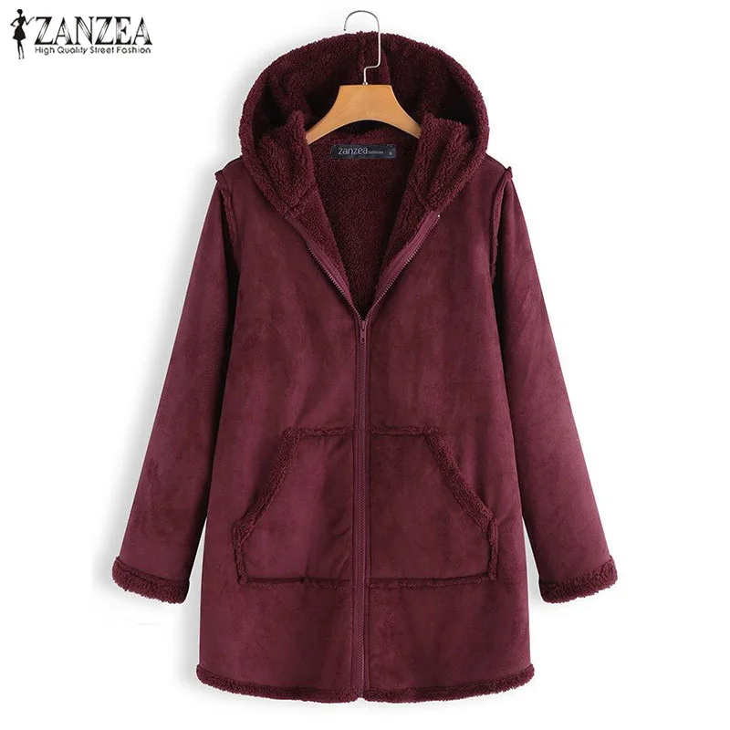 Finest  Plus Size Coats Women's Casual Jackets 2019 ZANZEA Winter Warm Fur Lining Cardigan Outerwear Hooded