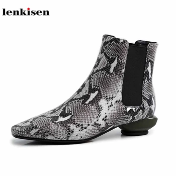 

Lenkisen new snake Chelsea boots genuine leather square toe strange med heels fashion model catwalk winter women ankle boots L72